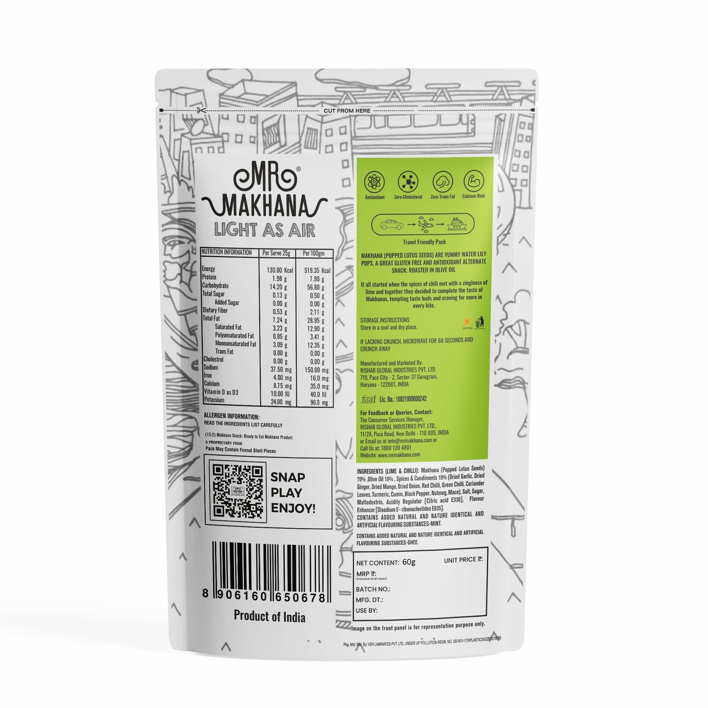 MR Makhana Lime & Chili Flavored Makhana | Super Snack | Roasted | 2.65oz (75g) Family Size