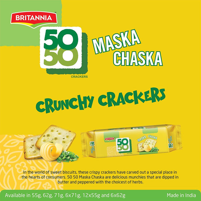 BRITANNIA Crackers 50 50 Maska Chaska Biscuit 13.12oz (372g) - Dipped in Butter and Peppered - Delicious, Light & Crispy Cookies - Suitable for Vegetarian (Pack of 3)