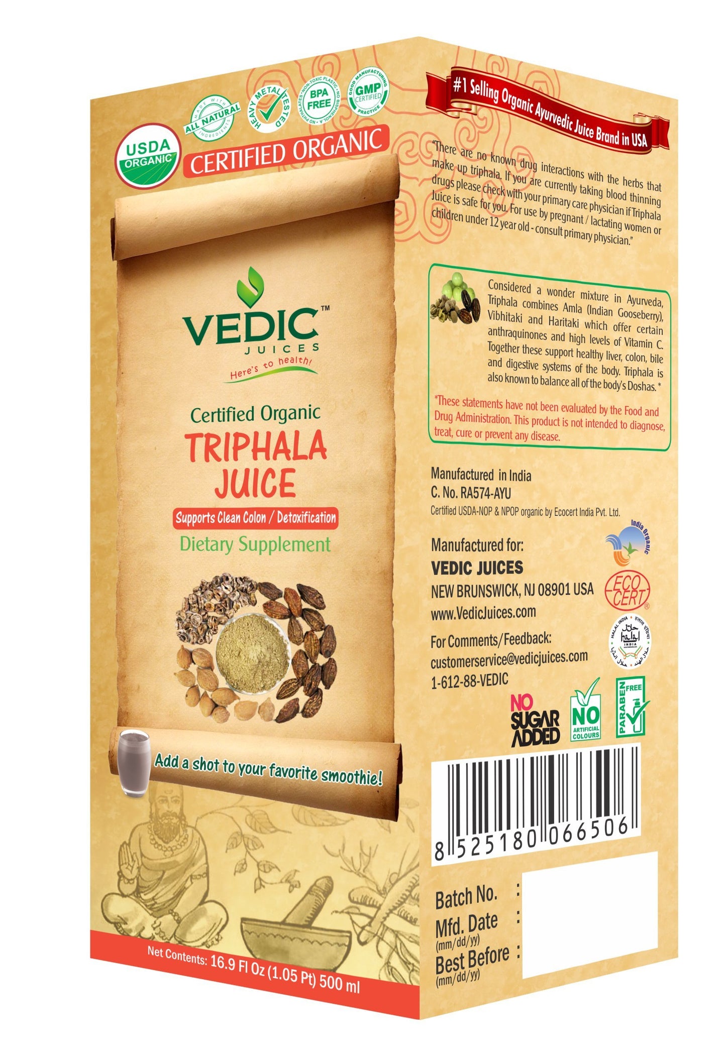 Vedic Organic Triphala Juice | Supports Clean Colon Detoxification 500ml