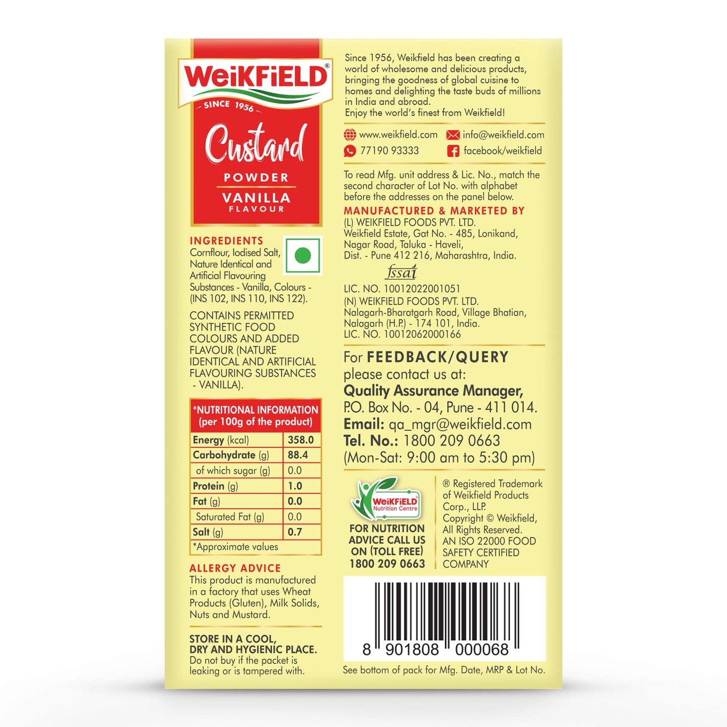 Weikfield Custard Powder, Vanilla Flavour, 500g Carton