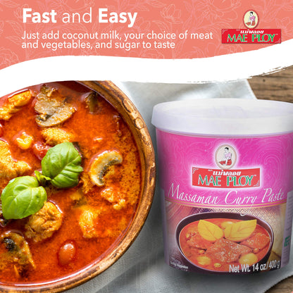 Mae Ploy Massaman Curry Paste, Authentic Thai Masaman Curry Paste For Thai Curries And Other Dishes, Aromatic Blend Of Herbs, Spices And Shrimp Paste (14 oz Tub)