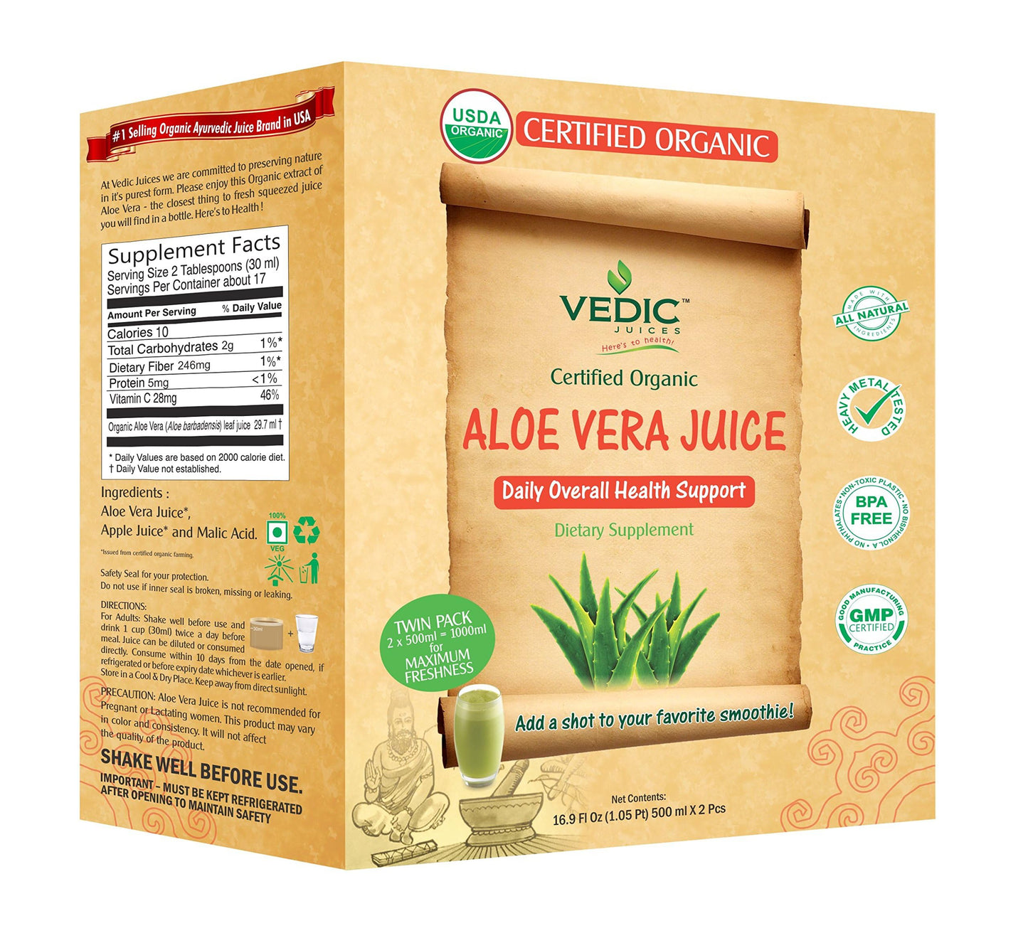 Vedic Organic Aloe Vera Juice | Daily Overall Health Support 500ml x 2