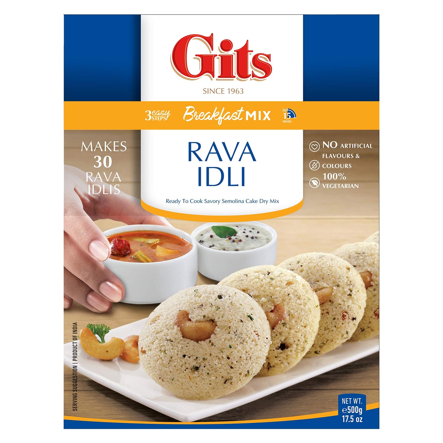 Gits Rava Idli Mix, 87.5 Oz (Pack of 5 X 17.5 Oz Each) Ready to Cook Indian Breakfast, Snack Meal | 100% Vegetarian, Easy Recipe, No Artificial Colors, Flavors, Preservatives. Vegan.