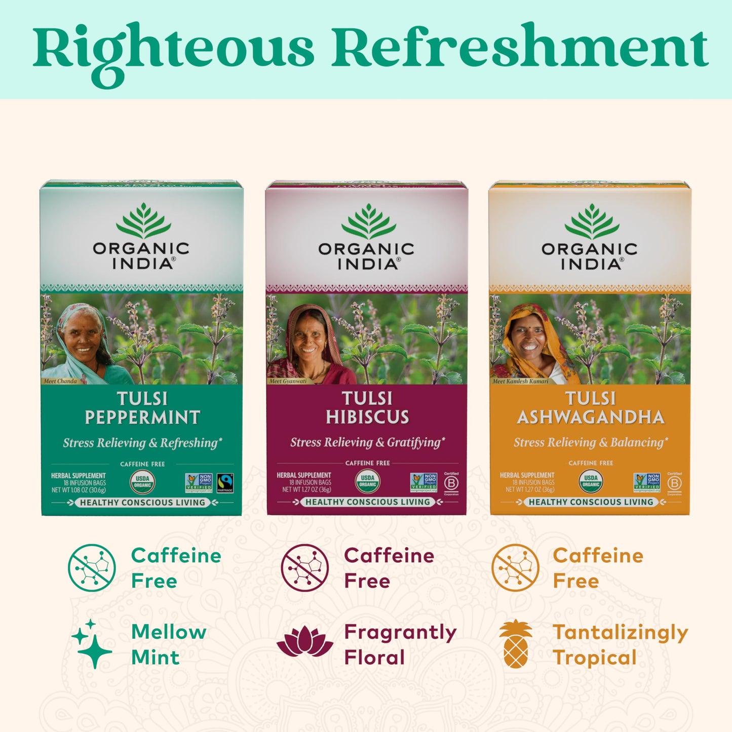 Organic India Tulsi Peppermint Herbal Tea - Stress Relieving & Refreshing, Immune Support, Aids Digestion, Vegan, USDA Certified Organic, Fairtrade, Caffeine-Free - 18 Infusion Bags, 3 Pack