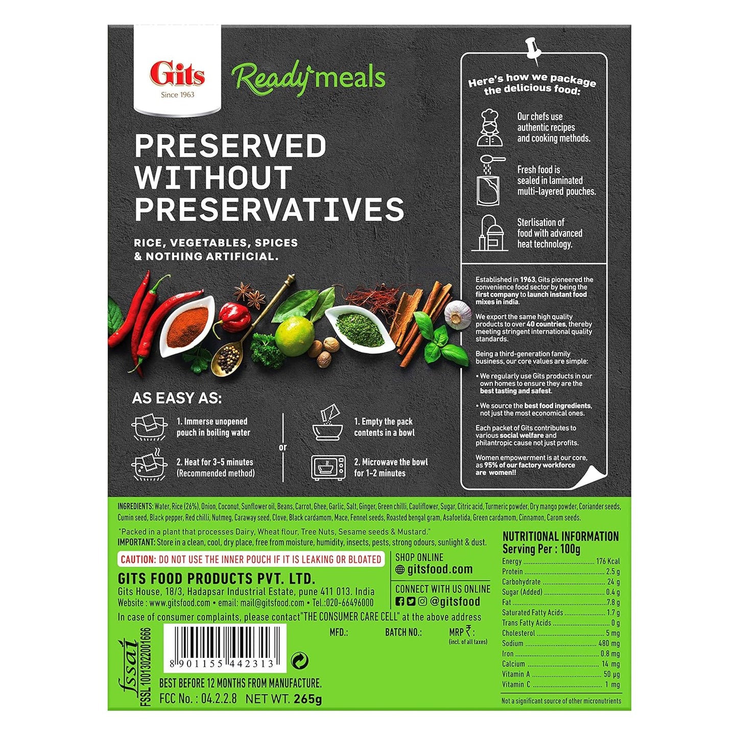 Gits Ready to Eat Masala Rice, Pure Veg Heat and Eat Rice Dish,Microwaveable, 265g