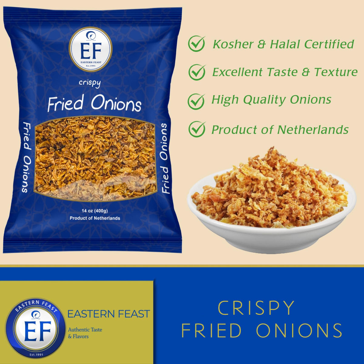 EF - Crispy Fried Onions (2 PACK) 14 oz each, Kosher, Halal, Product of Netherlands