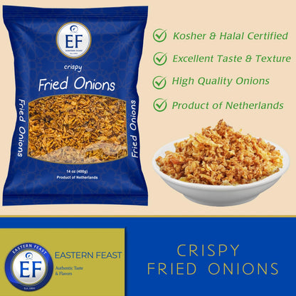 EF - Crispy Fried Onions (2 PACK) 14 oz each, Kosher, Halal, Product of Netherlands