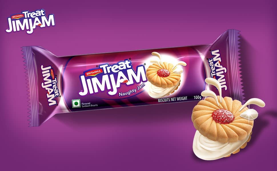 Britannia Treat Naughty Jim Jam Sandwich Biscuits 3.52oz (100g) - Breakfast & Tea Time Snacks - Delicious Grocery Cookies - Suitable for Vegetarians (Pack of 4)