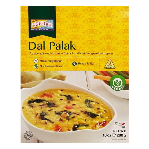 Ashoka All-Natural Entrees 1932, Vegan Spinach and Lentils, Microwave Friendly Meals, Authentic Indian Dal Palak, Great for Outdoors & Picnics, Gluten-Free & with No Preservatives, Pack of 1