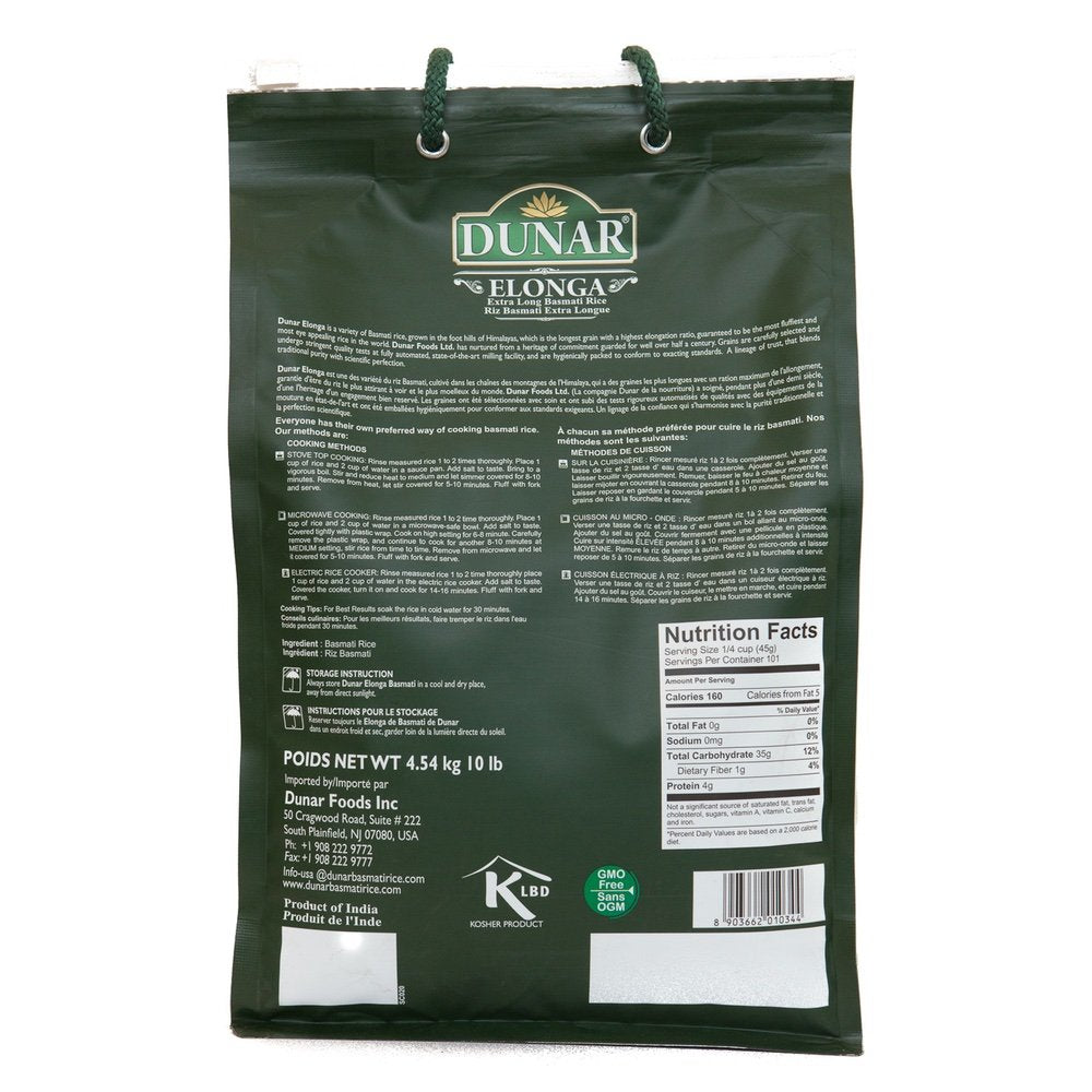 Dunar - Elonga Basmati Rice Premium 1121 Long Grain, 10 Lb
