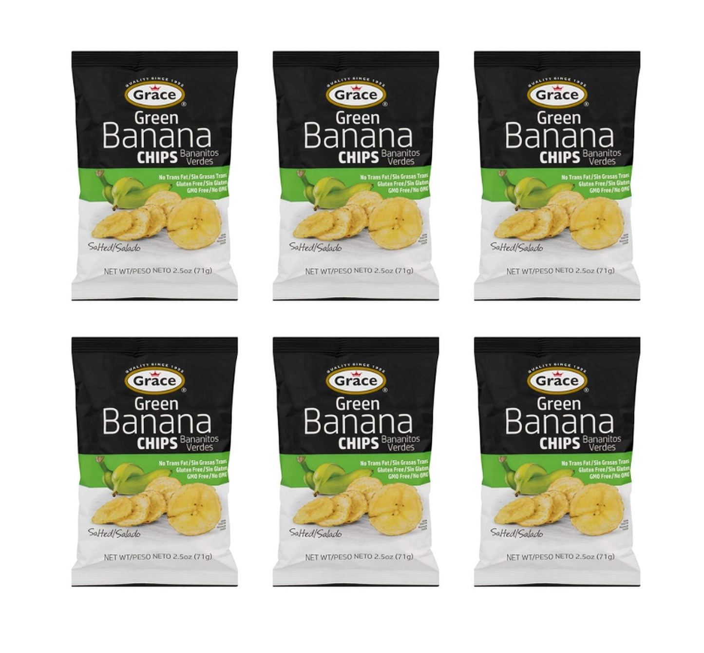 Grace Salted Green Banana Chips 2.5oz - Bananitos Verdes, Non-GMO, Gluten Free, No Trans Fat (6 Packs)