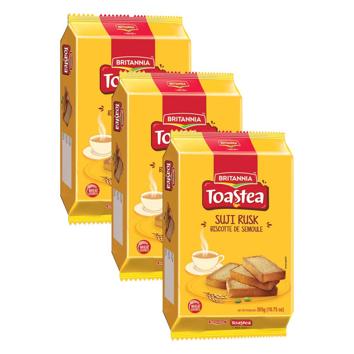 Britannia Toastea Suji Rusk 10.75oz (305g) - Biscotte De Semoule - Crispy Tea Time Snack - Crispy Crunchy Toast - Halal and Suitable for Vegetarians (Pack of 3)