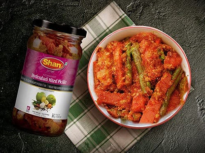 Shan Hyderabadi Mixed Pickle 10.58 oz (300g) - Hot and Spicy Mixed Vegetables Pickled in Oil  - Airtight Pet Jar