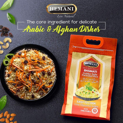 HEMANI Basmati Golden Sella Parboiled Rice 11LB - Great Value Savings - 1 LB FREE - Easy to Cook - Low Glycemic Index