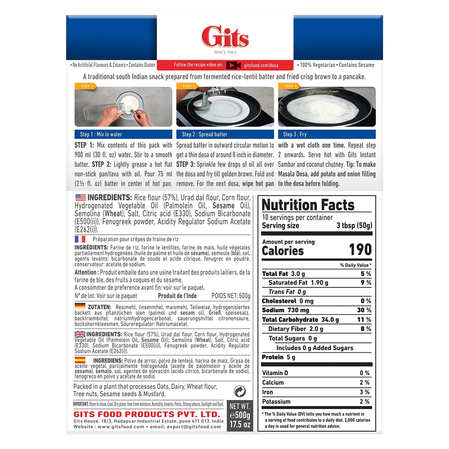 Gits Rice Dosa Instant mix 87.5 Oz (Pack of 5X17.5 Oz each) || Ready to Cook Indian Breakfast, Snack Meal | 100% Vegetarian, No Artificial Colors, Flavors, Preservatives.