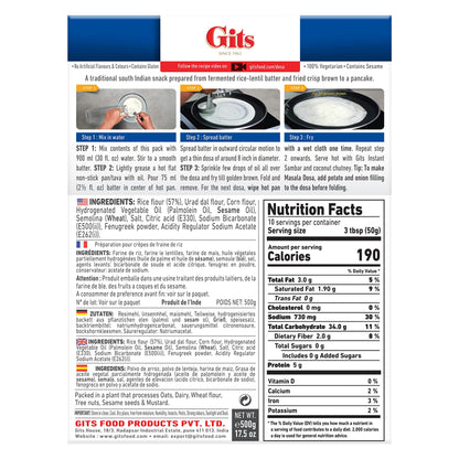 Gits Rice Dosa Instant mix 87.5 Oz (Pack of 5X17.5 Oz each) || Ready to Cook Indian Breakfast, Snack Meal | 100% Vegetarian, No Artificial Colors, Flavors, Preservatives.