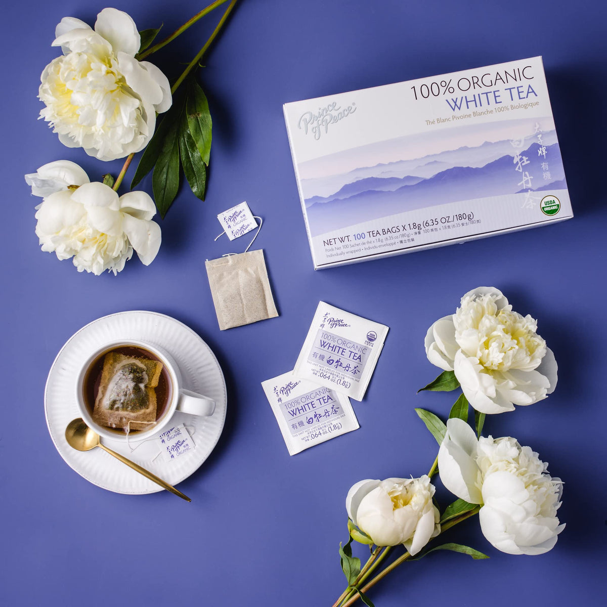 Prince of Peace Organic White Tea, 100 Tea Bags 100% Organic White Tea Unsweetened White Tea Lower Caffeine Alternative to Coffee Herbal Health Benefits