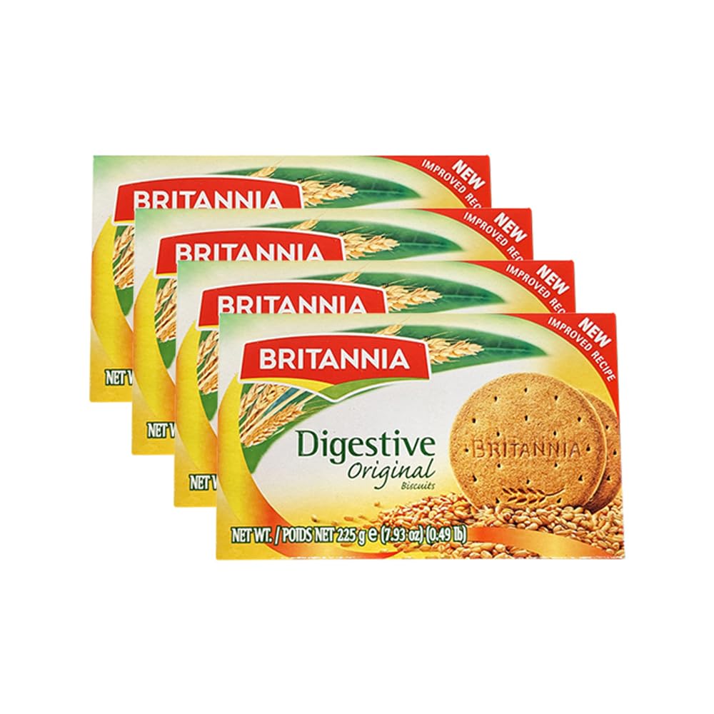 BRITANNIA Digestive Original Biscuits 7.93oz (225g) - Whole Wheat Flavor Cookies - Breakfast & Tea Time Healthy Snacks - Suitable for Vegetarians (Pack of 4)