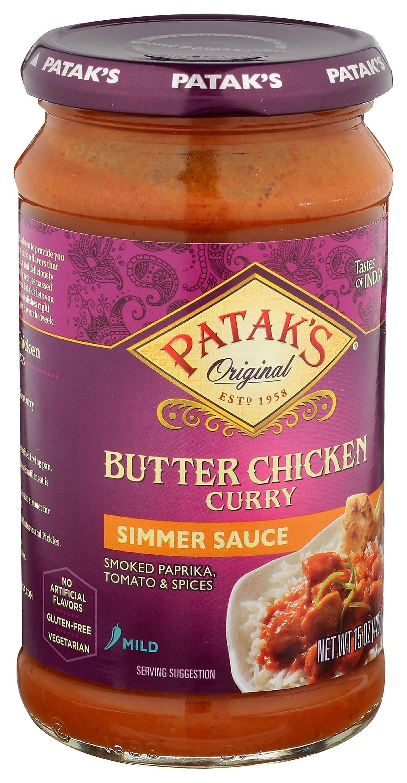 Patak's Butter Chicken Simmer Sauce - 15 Oz (Pack of 3) With Tomato, Cream and Spices, No Artificial Flavors, Gluten Free, Vegetarian Friendly