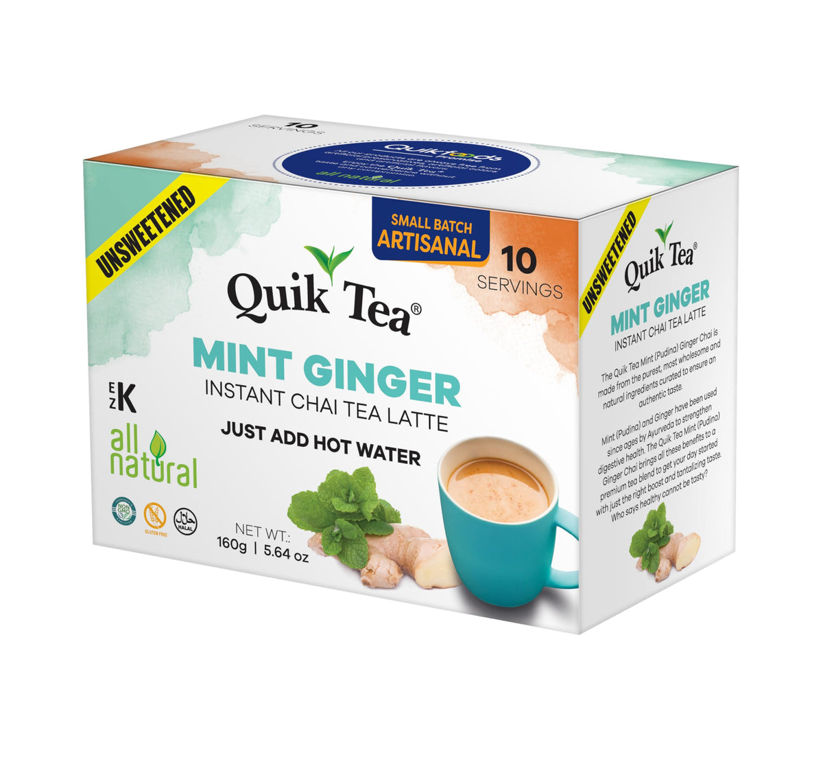 QuikTea Mint (Pudina) Ginger Chai Tea Latte - 10 Count Single Box - All Natural & Preservative Free Authentic Instant Chai Tea - Just Add Hot Water! (Unsweetened)