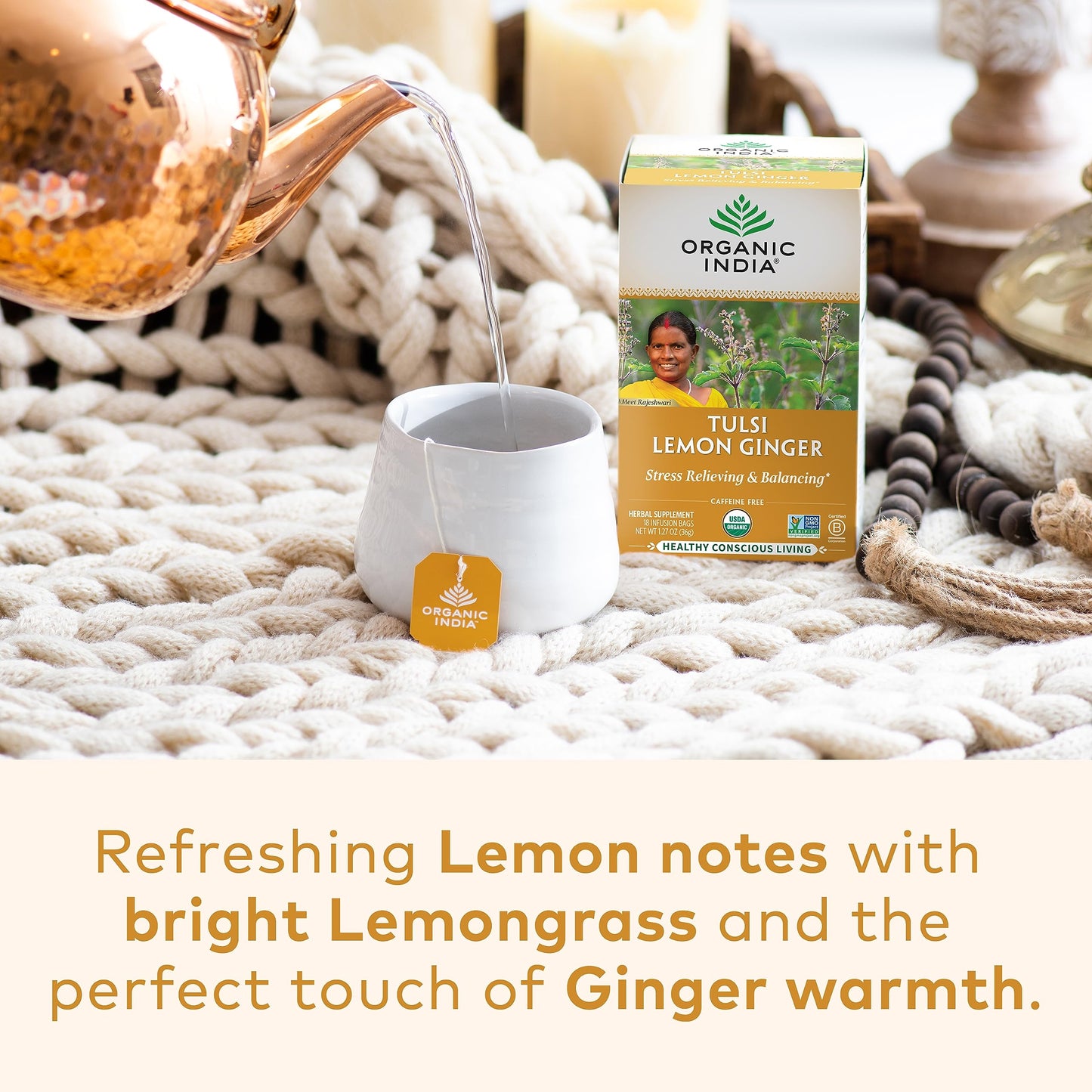 Organic India Tulsi Lemon Ginger Herbal Tea - Stress Relieving & Reviving, Immune Support, Aids Digestion, Vegan, USDA Certified Organic, Non-GMO, Caffeine-Free - 18 Infusion Bags, 6 Pack