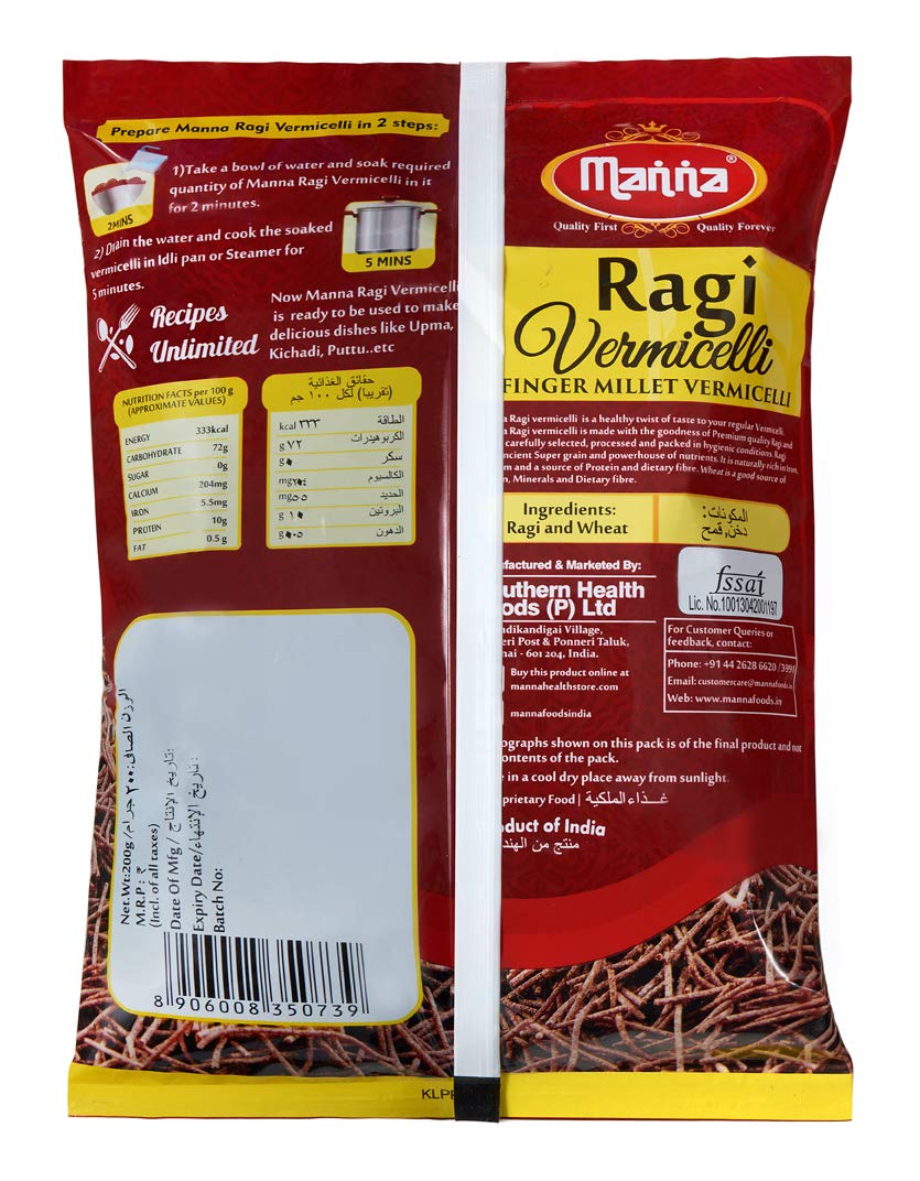 Manna Ragi Vermicelli Noodles (Semia) 800g (200g x 4 Packs)