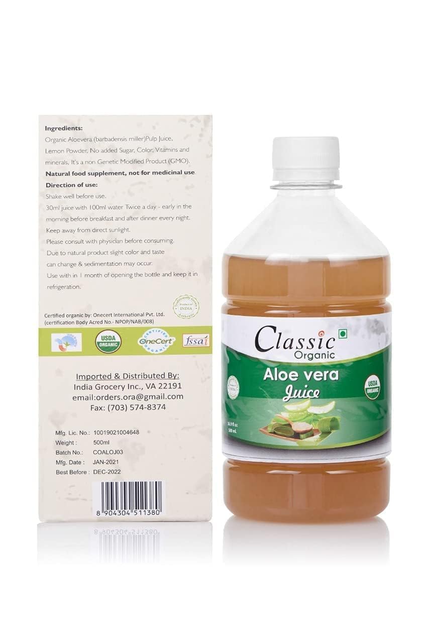 Classic Organic Aloe Vera 500 ml USDA Certified Organic Juice