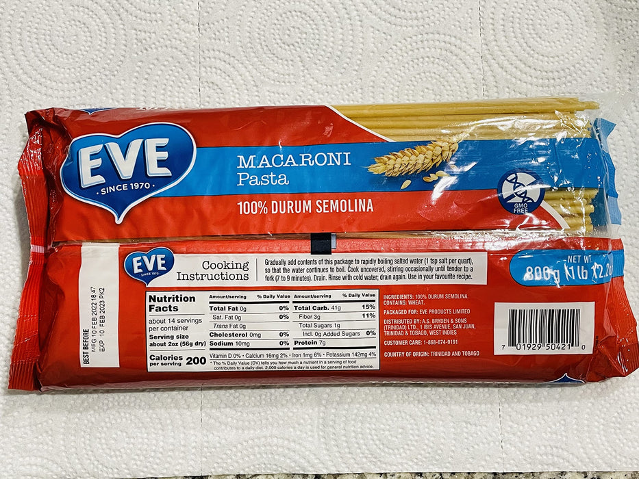 Eve Macaroni Pasta 800g (1lb 12.2oz) from Trinidad & Tobago 100% Darum Semolina