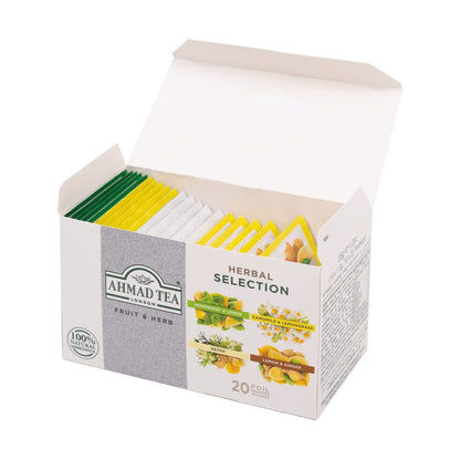Ahmad Tea Herbal Tea, Fruit and Herb Selection, 4 Teas Peppermint and Lemon, Camomile and Lemongrass, Lemon and Ginger, and Detox Teabags, 20 ct - Decaffeinated and Sugar-Free