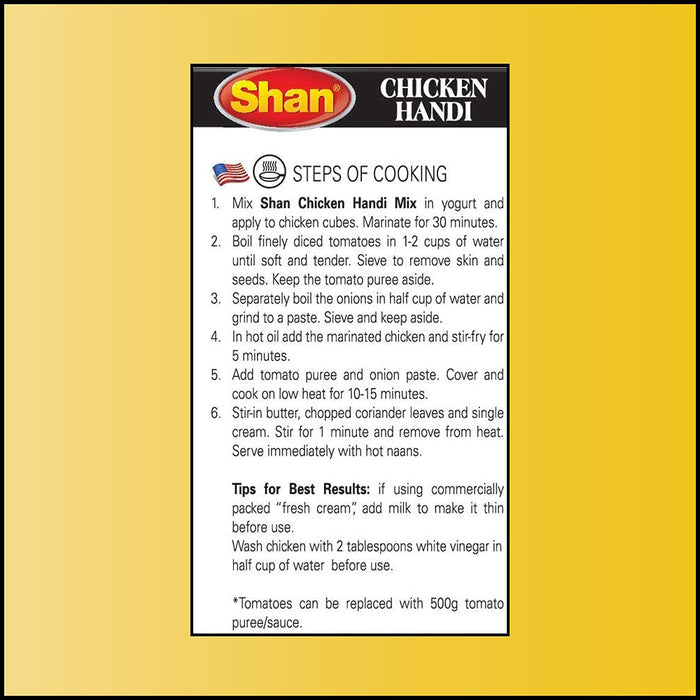 Shan Chicken Handi Recipe and Seasoning Mix 1.76 oz (50g) - Spice Powder for Juicy Chicken in Creamy Tomato Sauce - Suitable for Vegetarians - Airtight Bag in a Box