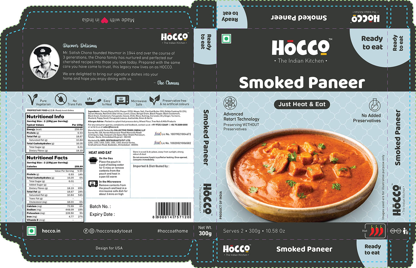 HOCCO Ready to Eat Paneer Sabji | Ready to Cook | Serves 2 People -300 gm (Smoked Paneer)