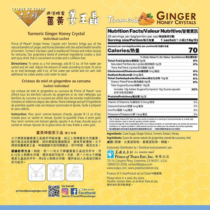 Prince Of Peace Instant Ginger Honey Crystals w/ Turmeric, 25 Sachets Instant Hot or Cold Beverage Easy to Brew Ginger and Honey Tea, Caffeine and Gluten Free