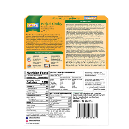 Ashoka Ready to Eat Indian Meals Since 1930, 100% Vegan Punjabi Choley, All-Natural Traditionally Cooked Indian Food, Plant-Based, Gluten-Free and with No Preservatives, 10 Ounce (Pack of 5)