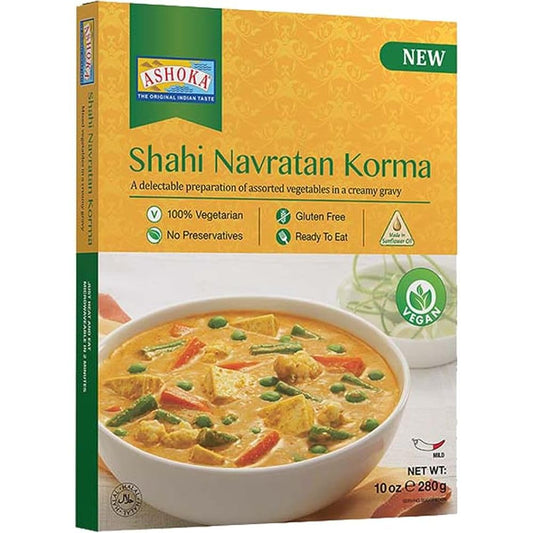 Ashoka Traditional Indian 1932, Vegan Mixed Vegetable Curry, All-Natural Ready to Eat Microwavable Entrees, Shahi Navratan Korma, Camping Friendly Meals, Gluten-Free with No Preservatives, Pack of 1