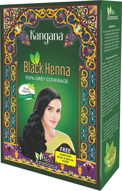 KANGANA Natural Black Henna Powder for Hair Dye/Color, 100% Grey Coverage, Chemical Free, Pack of 3