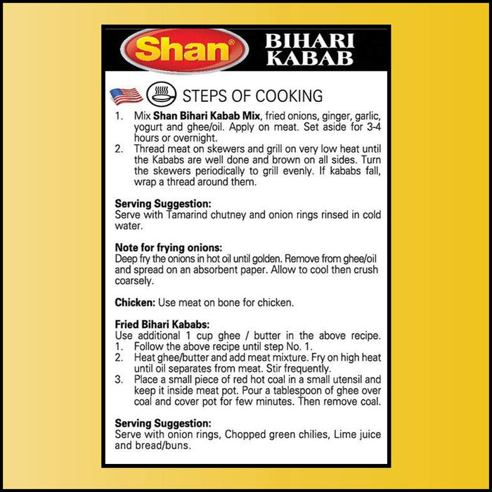Shan Bihari Kabab Recipe and Seasoning Mix 1.76 oz (50g) - Spice Powder for Tender Barbecue Meat Strips - Suitable for Vegetarians - Airtight Bag in a Box