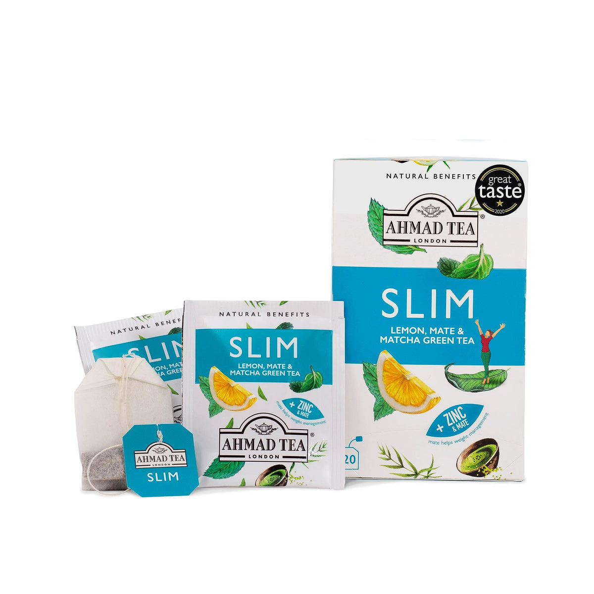 Ahmad Tea Green Tea, Lemon, Mate, & Matcha 'Slim' Natural Benefits Teabags, 20 ct (Pack of 6) - Caffeinated & Sugar-Free