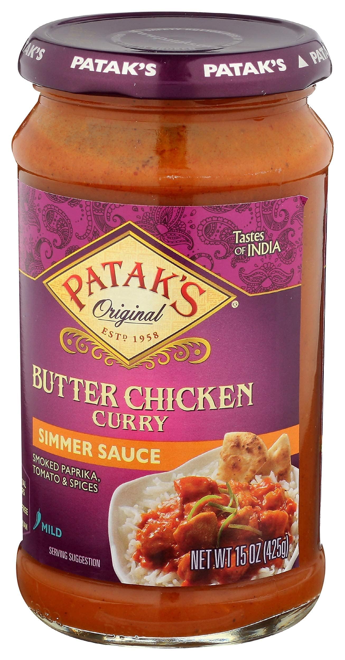 Patak's Butter Chicken Simmer Sauce - 15 Oz (Pack of 3) With Tomato, Cream and Spices, No Artificial Flavors, Gluten Free, Vegetarian Friendly