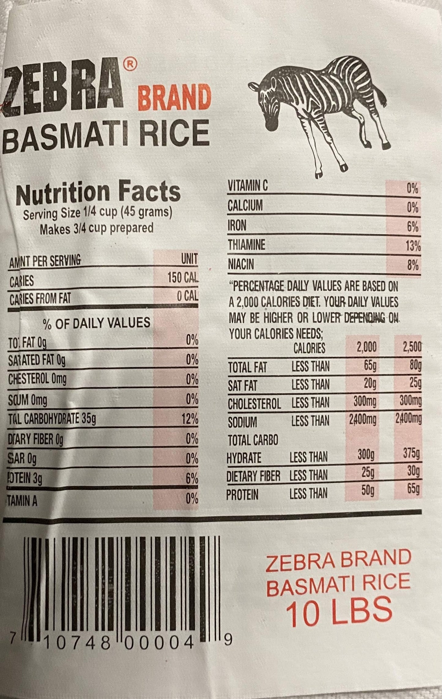 Zebra Brand Basmati Rice Xtra Long Kernel 10 lbs - Basmati Rice