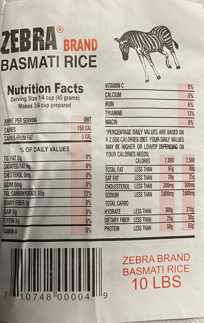 Zebra Brand Basmati Rice Xtra Long Kernel 10 lbs - Basmati Rice