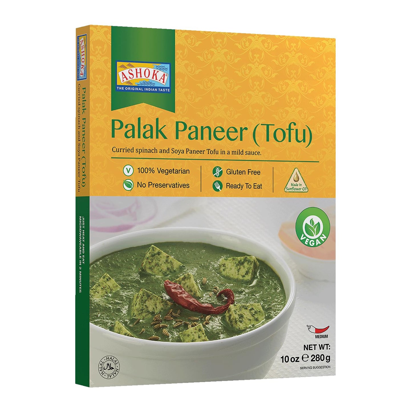 Ashoka Entrees 1932, Plant-Based Tofu & Spinach Curry, All-Natural, Ready to Eat Meals, Palak Paneer, Great for Offices, Healthy Work Lunch, Instant Meals with No Preservatives, Pack of 1