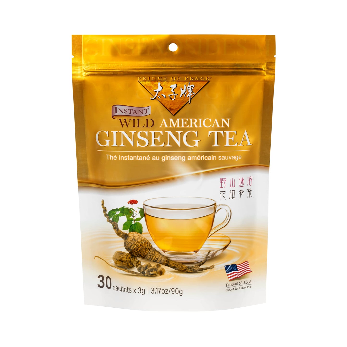 Prince of Peace Instant Wild American Ginseng Tea, 30 Sachets Healthy Drink, Caffeine-Free Energy-Boosting, Heavy Antioxidants, Made in The USA, Plant Extracts