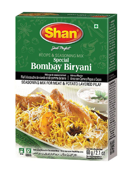 Shan Bombay Biryani Recipe and Seasoning Mix 2.11 oz (60g) - Spice Powder for Meat and Potato Layered Pilaf - Suitable for Vegetarians - Airtight Bag in a Box (Pack of 24)