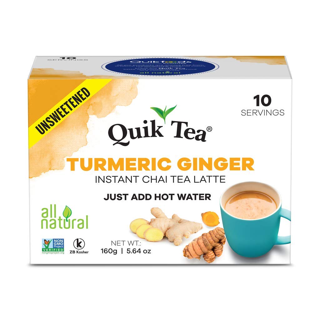Quik Tea Unsweetened Turmeric Ginger Instant Chai Tea Latte - 40 Count (4 Boxes of 10 Each) - Preservative Free, All Natural Ingredients