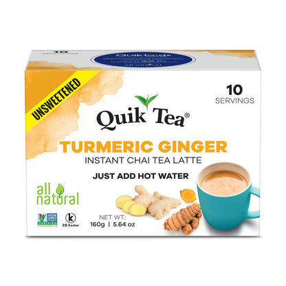 Quik Tea Unsweetened Turmeric Ginger Instant Chai Tea Latte - 40 Count (4 Boxes of 10 Each) - Preservative Free, All Natural Ingredients