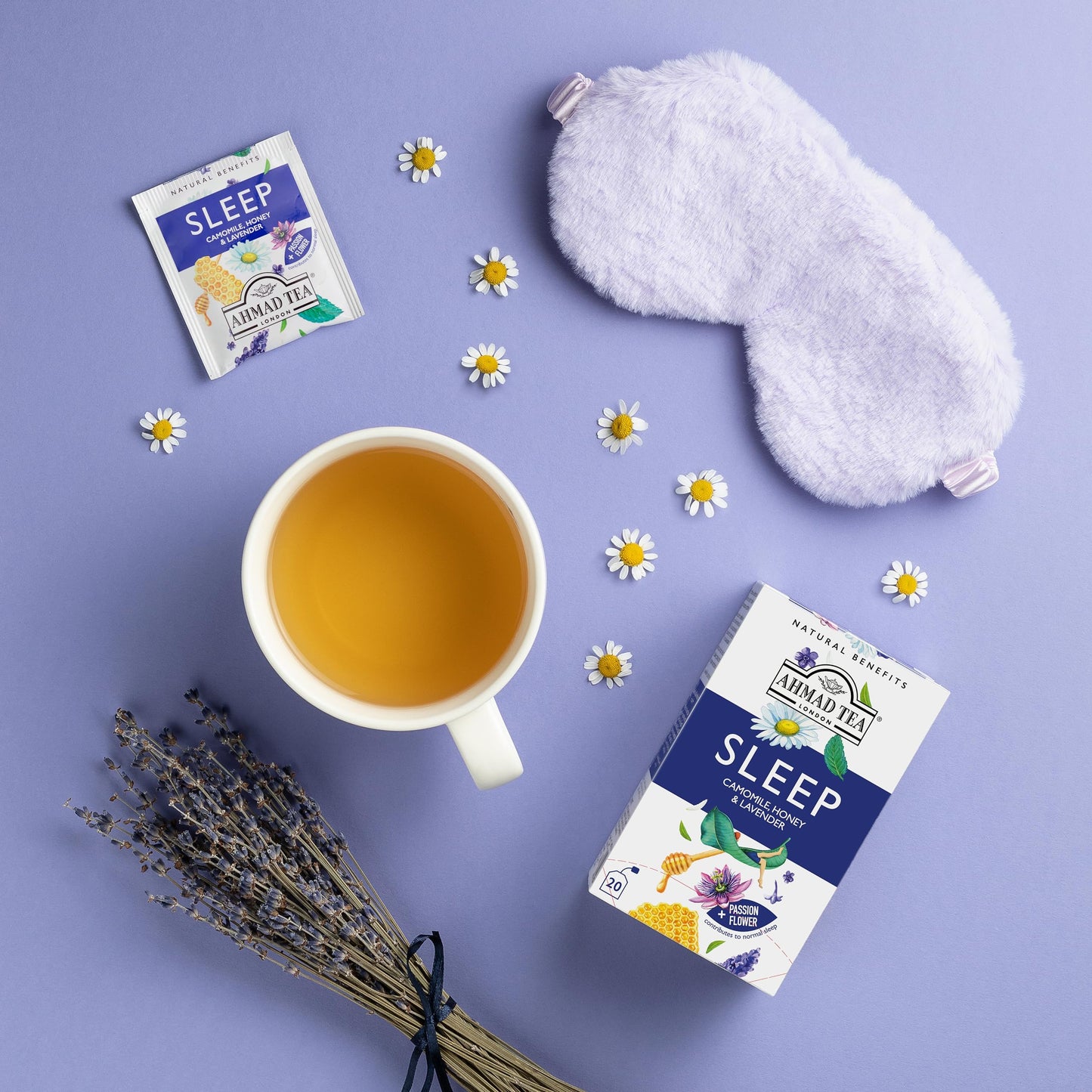 Ahmad Tea Herbal Tea, Camomile, Honey, & Lavender 'Sleep' Natural Benefits Teabags, 20 ct (Pack of 6) - Decaffeinated & Sugar-Free