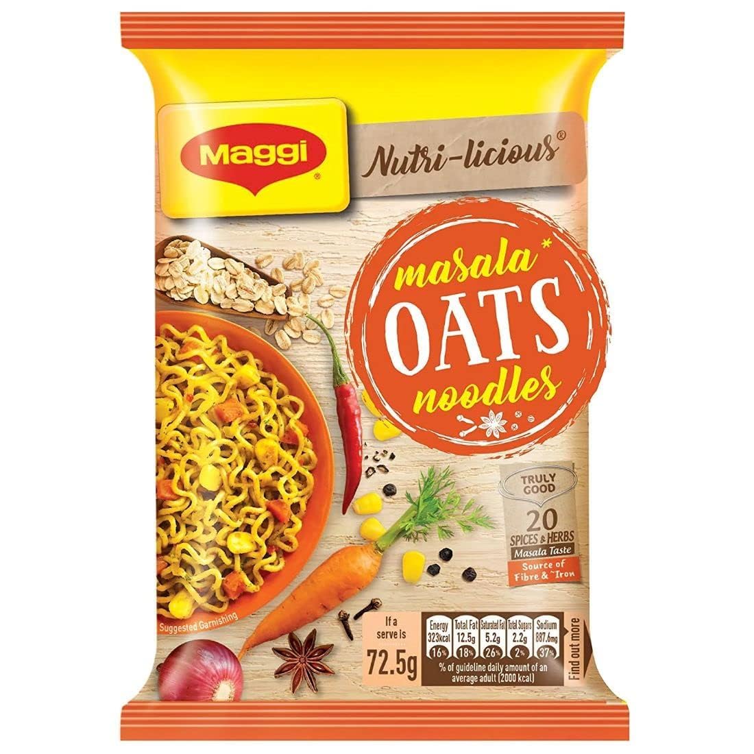 MAGGI Nutri-Licious Masala Oats Instant Noodles, Goodness of Oats with 20 Spices & Herbs, Source of Fiber, Iron & Protein, Easy to Make Instant Noodles 73.5g Pouch