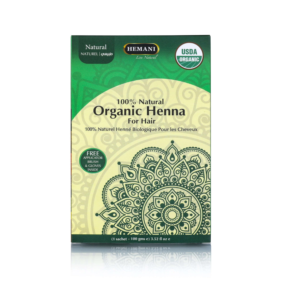 HEMANI Organic Hair Henna 3.5 OZ (100g) 100% Natural - Applicator Brush + Gloves Included (Natural)