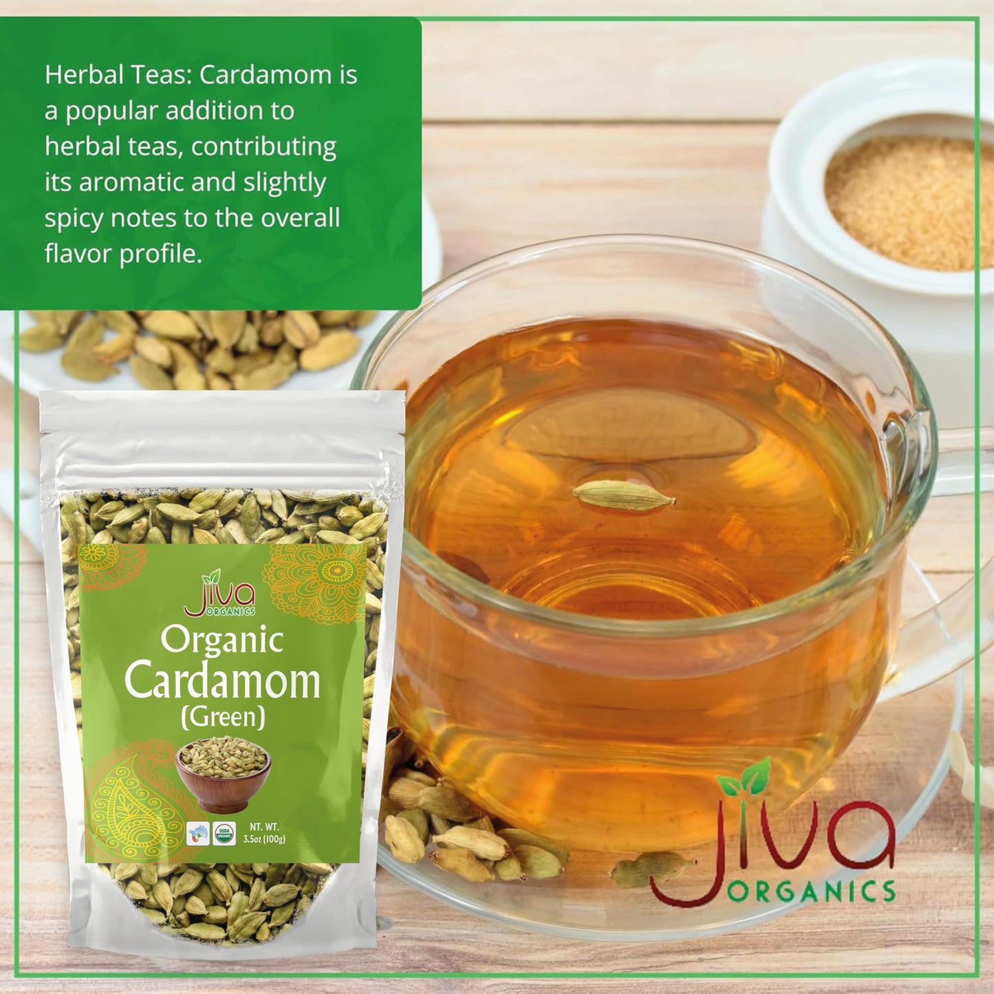 Jiva Organic Green Cardamom Pods Whole - Non-GMO, Premium Quality, Jumbo Size - 3.5 Ounce Bag