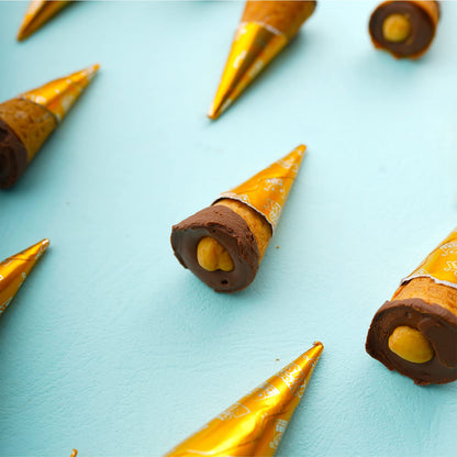 Pure Temptation Chocoblast Gold Hazelnut Chocolate Cone Bites- Chocolate Filled Waffle Cone Tips- Delicious Ice Cream Cone Ends Candy For Snacks & Dessert- Pack Of 1 (10 Individually Wrapped Pieces)
